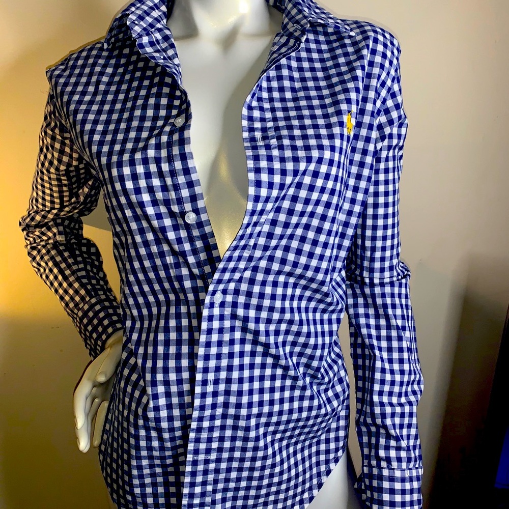 Ralph Lauren sport blue and white button up shirt.
